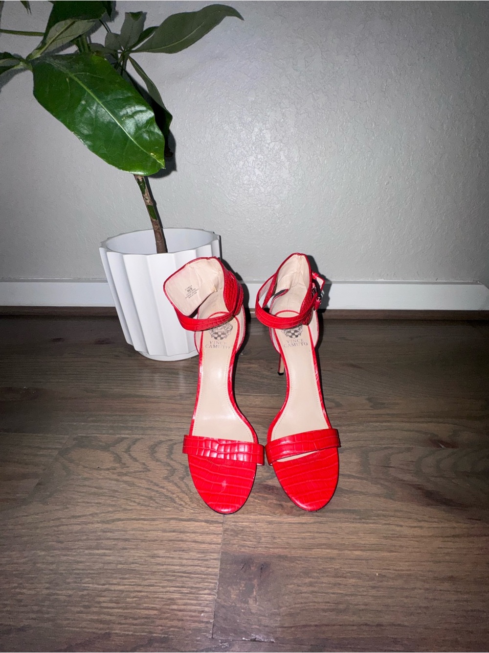 Vince Camuto Red Croc-Embossed Ankle-Strap Stiletto Sandals